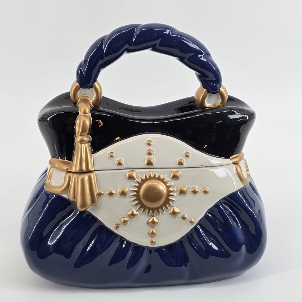 David's Cookies Handbag Cookie‎ Jar : Navy Blue & Gold Purse Vintage